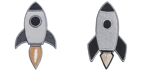 Two distinct rocket designs, one with a fiery exhaust and the other in a sleek metallic finish, showcasing unique embroidery styles.