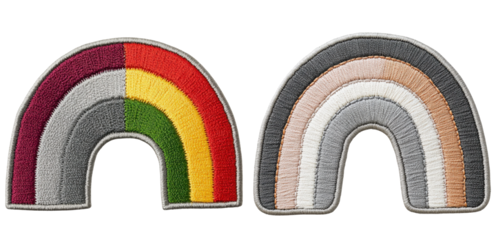 Two embroidered rainbow patches featuring distinct color patterns, one vibrant and multi-colored, the other soft and neutral tones.