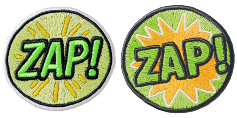 Two vibrant embroidered patches featuring the word "ZAP!" in bold letters, each with distinct color schemes and burst designs.