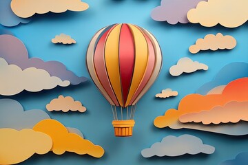 A flying hot air balloon in a colorful paper - cut sky with fluffy clouds