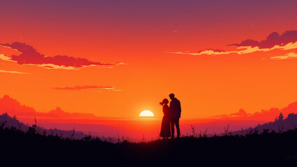 Illustration of a couple silhouette at sunset, symbolizing love and romance.