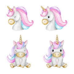 Set of Unicorns with eyes open and closed. isolated hand drawn watercolor illustrations. Clipart with fairy tale pony characters for girl's clothes, baby shower cards, posters, packaging design