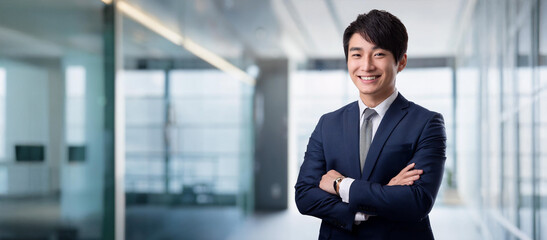 明るい開放的なオフィスで腕組みをして立っているスーツを着た男性。（A man in a suit standing with his arms crossed in a bright, open office.）
