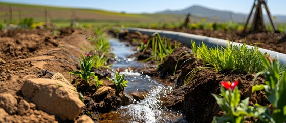Obraz premium Serene Water Flowing Through Lush Green Crop Fields Under a Bright Blue Sky