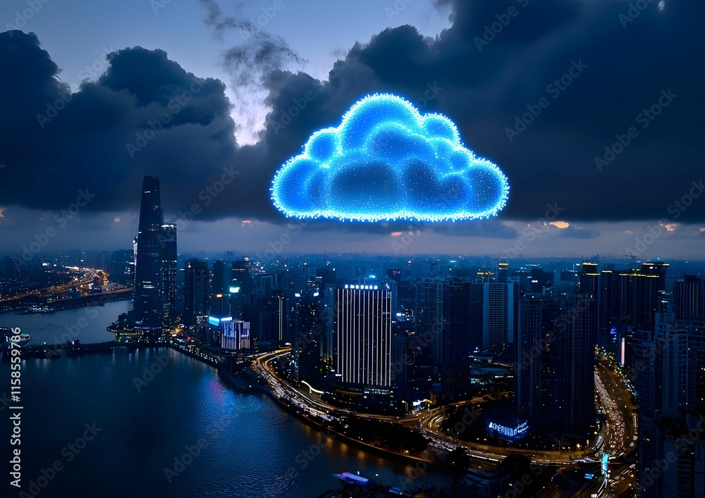 Poster digital cloud technology, abstract representation of cloud computing, interconnected data streams, v