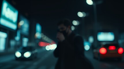 person walking in the night city,A blurred bokeh effect editorial photograph in a strong moody style, depicting a low-contrast scene with sharp subject focus and a soft background. Dark and atmospheri