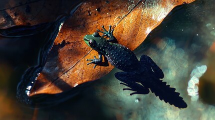 Tiny frog perched on a large, brown leaf floating on dark water.