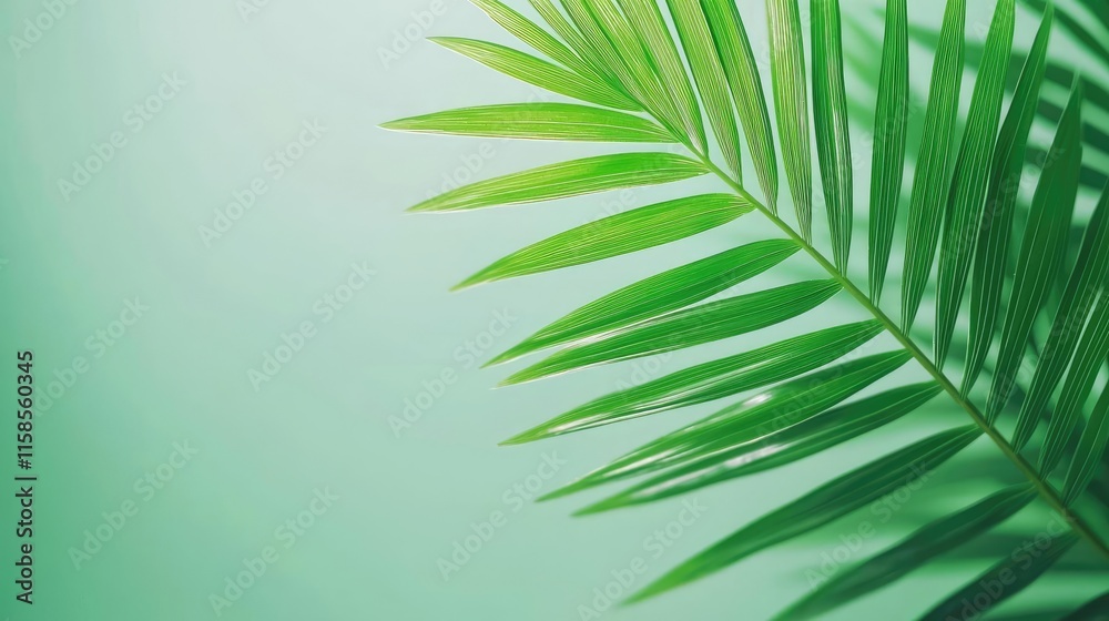 Poster palm leaves abstract background concept. a close-up view of a lush green palm leaf against a soft gr
