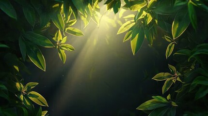 Sunbeams filtering through lush green foliage.