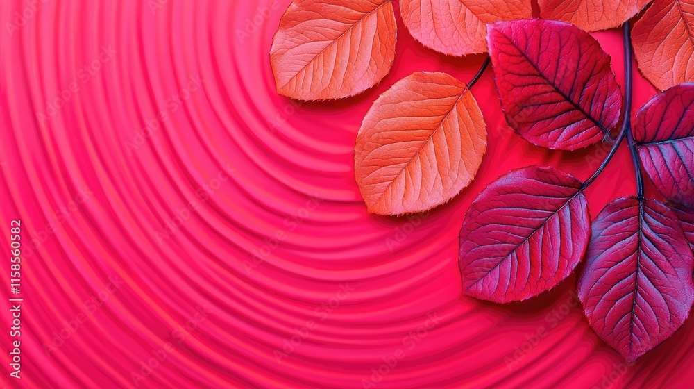 Poster Rose leaves abstract background concept. Vibrant red leaves on a textured pink background, creating a striking and colorful display.