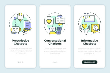 Types of medical chatbots onboarding mobile app screen. Walkthrough 3 steps editable graphic instructions with linear concepts. UI, UX, GUI template. Montserrat SemiBold, Regular fonts used