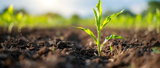 Fresh Green Plant Emerging from Dark Soil in Agricultural Field with Soft Morning Light