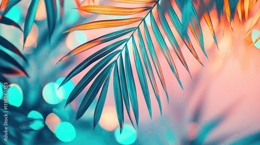 Poster palm leaves abstract background concept. vibrant palm leaves against a colorful background, creating