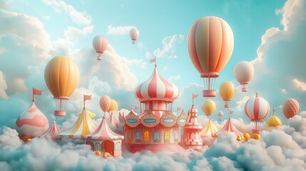 3D rendering of a cute carnival with hot air balloons flying in the sky. Fantasy cartoon style