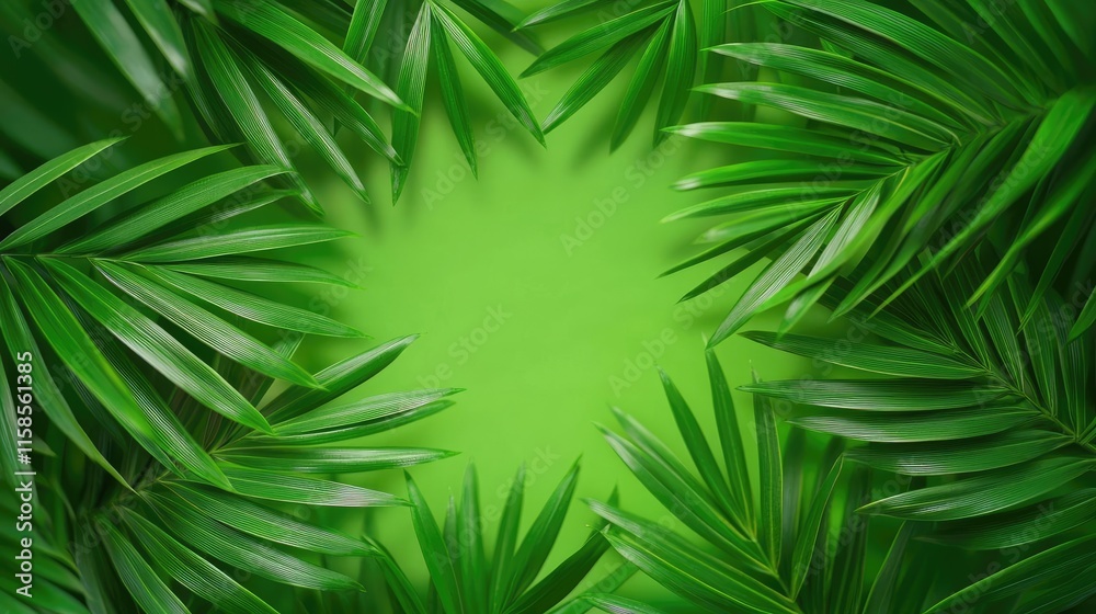 Poster palm leaves abstract background concept. vibrant green palm leaves create a lush frame against a bri