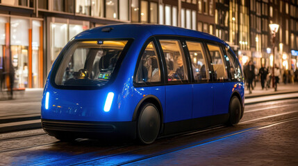 Fototapeta premium Future urban mobility nighttime autonomous electric shuttle innovations in city transportation