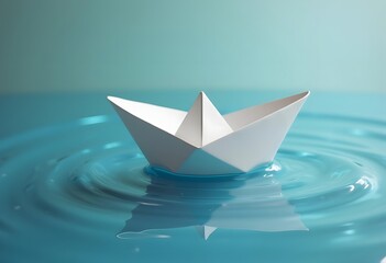 Close-up of simple small white origami paper boat floating quietly in blue clear river or sea water under bright summer sky. Freedom, dreams and fantasies concept, copyspace background.
