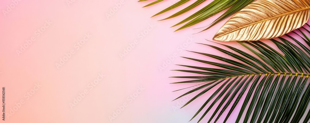Poster Palm leaves abstract background concept. A vibrant display of palm leaves against a soft gradient background, perfect for summer.