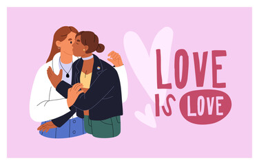 Design of Valentine's Day card with romantic LGBT couple. Template of 14 February postcard with kissing lesbians. Happy lovers, beloveds love each other, hug together. Flat vector illustration