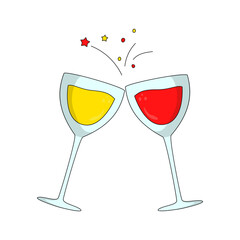 Red and Yellow Drinks wine Illustration for New Year Celebration. Wine Bottle, Hand, Cheers, Fireworks vector