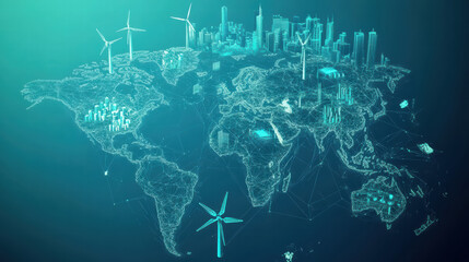 digital illustration of world map featuring highlighted cities, wind turbines, and urban landscapes, symbolizing global connectivity and sustainability
