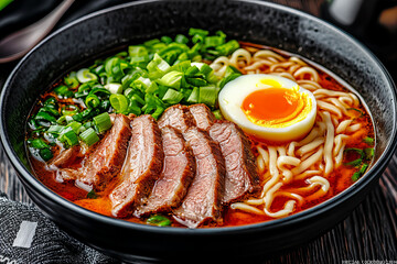 Delicious Japanese ramen bowl with pork, boiled egg, green onions, and seaweed served in a traditional black bowl, showcasing authentic Asian cuisine and gourmet dining inspiration