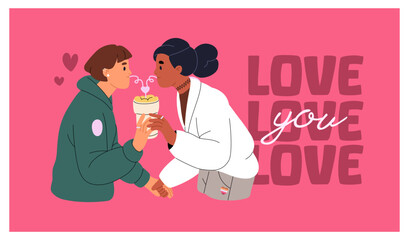 Design of Valentine's Day card, 14 February postcard. LGBT romantic couple drinks together on date. Happy lovers, cute beloveds, lesbians love each other in relationships. Flat vector illustration