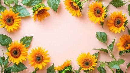Vibrant Sunflowers Framed by Green Leaves on a Soft Peach Background, Perfect for Celebrating Summer and Bringing Joy to Any Design Project