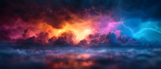 Naklejka premium Dramatic Stormy Sky with Colorful Lightning and Clouds Over a Serene Body of Water at Dusk