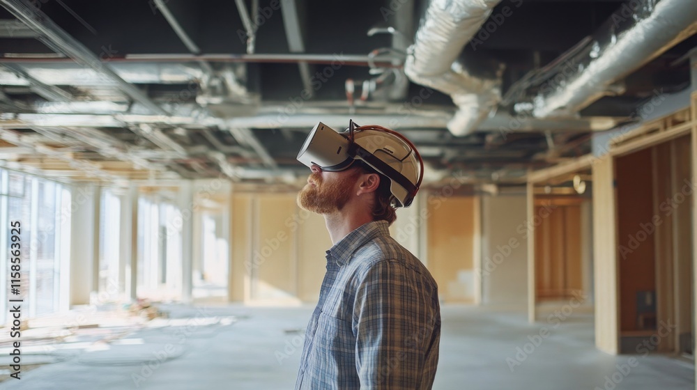 Poster a man wearing a virtual reality headset and hard hat explores an empty construction site. the interi