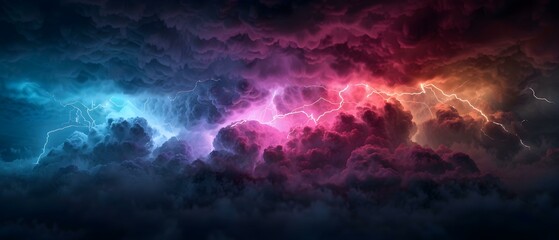 Dramatic Storm Clouds with Vibrant Lightning Strikes Illuminating the Dark Sky at Dusk