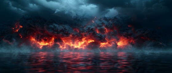 Dramatic Eruption of Molten Lava with Fiery Hues and Ominous Clouds Reflecting on Calm Water Surface