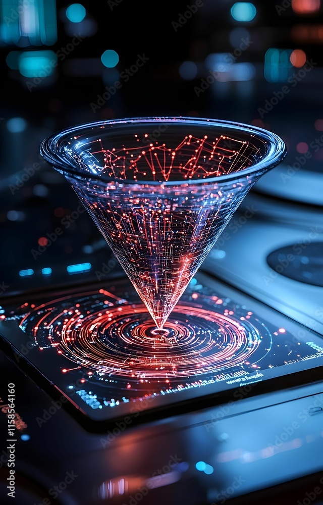 Poster big data insights, a dynamic visualization of data flow through a funnel, showcasing technology inte