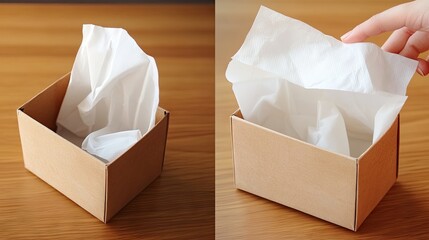 Hand Reaching for Tissue Paper in Open Box on Wooden Surface