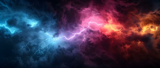 Vibrant and Dramatic Lightning Strikes Across Colorful Stormy Clouds in Dynamic Night Sky