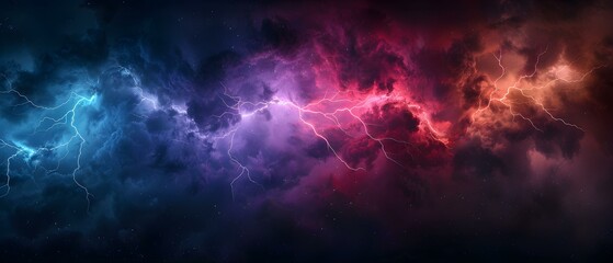 Vibrant Cosmic Storm with Lightning Strikes Illuminating a Dark Nebula in an Expansive Night Sky