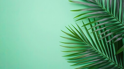 Fototapeta premium Palm leaves abstract background concept. Vibrant green palm leaves against a mint green background for a fresh, tropical feel.