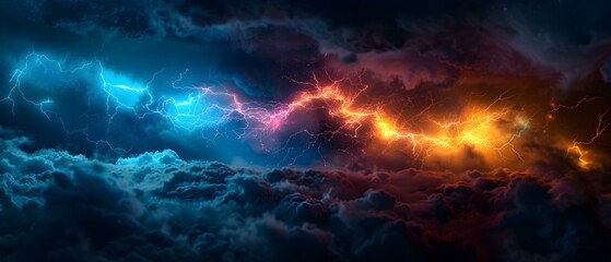 Fototapeta premium Dramatic Storm Clouds with Vibrant Lightning Strikes in Blue and Orange Against a Dark Sky