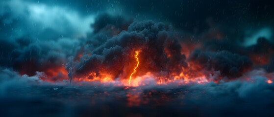 Fototapeta premium Dramatic Stormy Sky with Lightning and Fiery Clouds Over Ocean Water at Dusk