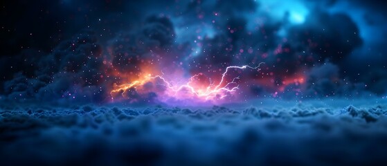 Majestic Thunderstorm over Ethereal Clouds with Vibrant Lightning Strikes and Cosmic Background