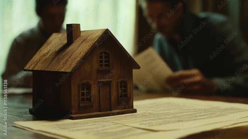 Aufkleber two professionals discuss real estate strategies while reviewing documents. a wooden house model sit