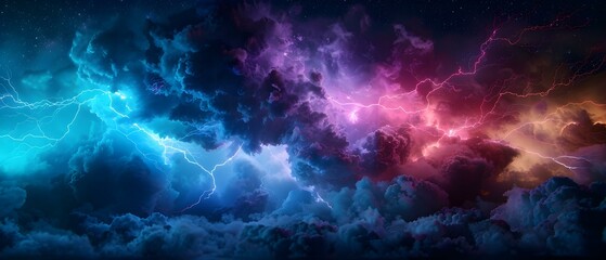 Dramatic Storm Clouds with Blue and Pink Lightning in a Night Sky Full of Stars and Heavy Atmosphere