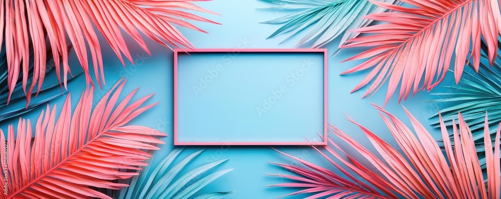 Poster palm leaves abstract background concept. colorful palm leaves frame a vibrant, empty space for creat