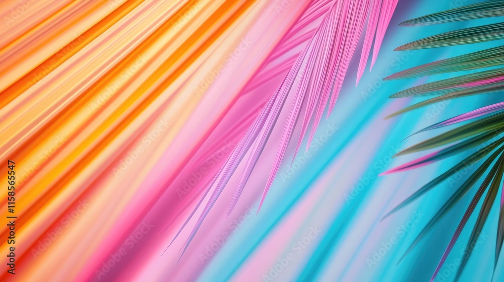 Poster Palm leaves abstract background concept. Vibrant tropical foliage with colorful gradient background for a serene atmosphere.