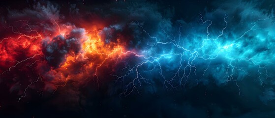 Intense Red and Blue Lightning Storm in a Dramatic Cloudy Sky at Night