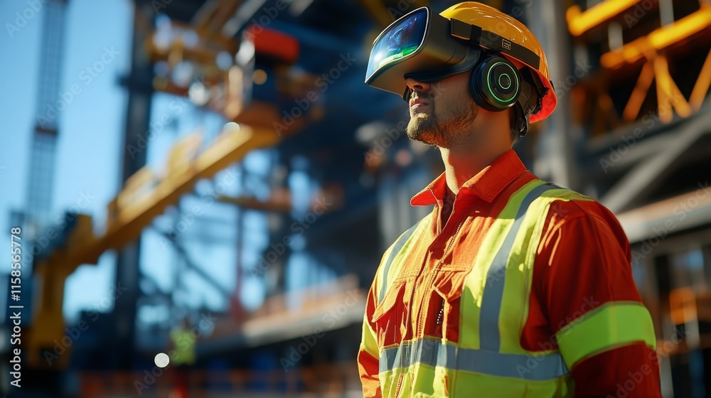 Fototapete A construction worker utilizes virtual reality technology while on-site at a development location. The worker wears a VR headset, indicating a modern approach to real estate project management.