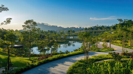 serene landscape featuring lush greenery, clear blue sky, and tranquil water body. winding paths invite exploration in this peaceful outdoor setting