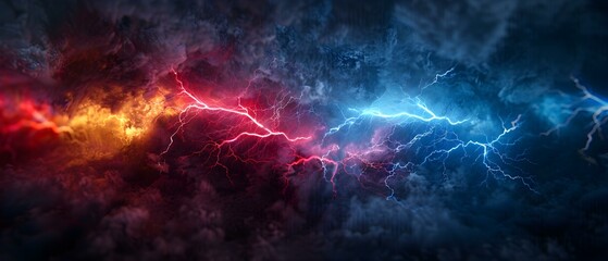 Dramatic Lightning Strikes Illuminating Dark Stormy Sky with Fiery Red and Cool Blue Colors