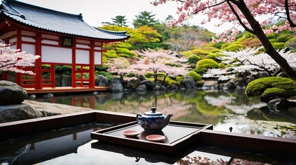 Obraz premium Serene Japanese tea terrace with blooming cherry blossoms beside a tranquil koi pond in a traditional garden setting, inviting peace and reflection