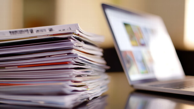 stack of real estate brochures beside laptop on desk, showcasing busy workspace filled with information and resources. scene conveys sense of organization and professionalism